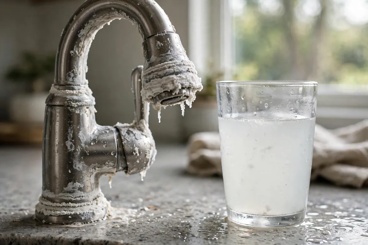 Kitchen faucet in a Brighton, CO home covered in white limescale from hard water