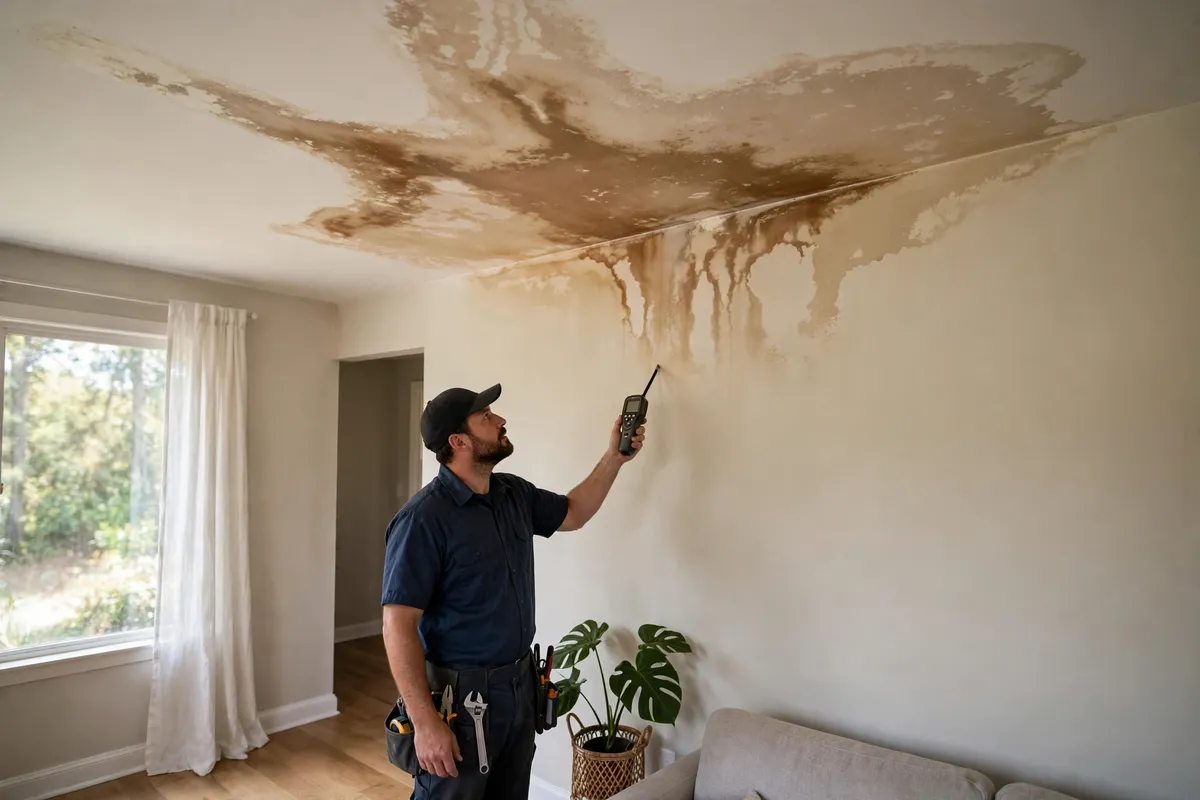 Ceiling water stain in a Brighton, CO home caused by a hidden pipe leak, checked with a moisture meter