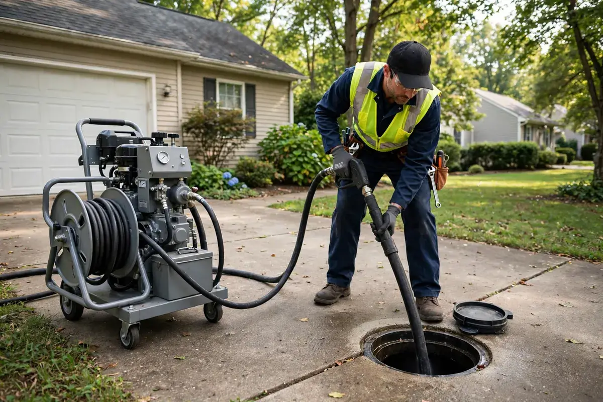 Plumber hydro jetting a sewer cleanout in a Brighton, CO driveway to clear a main line clog