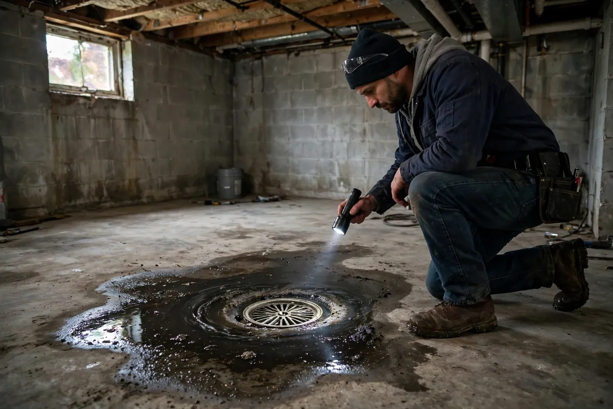 Plumber inspecting a basement floor drain in Brighton, CO where the sewer line backed up