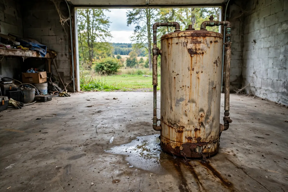 Old rusty tank water heater in a Brighton, CO garage with corrosion and a puddle at its base