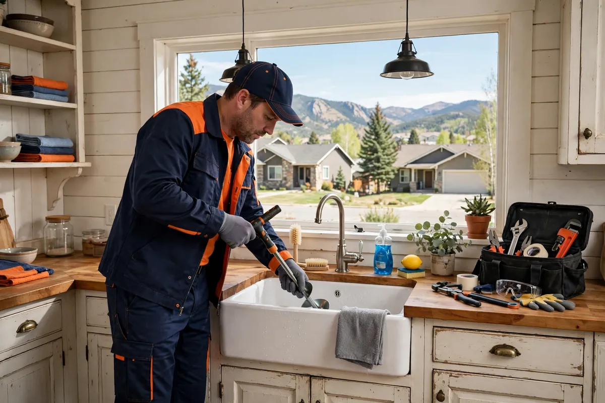 Drain Cleaning in Brighton, CO — technician cleaning a clogged drain with a professional auger at a home in Brighton, Adams County