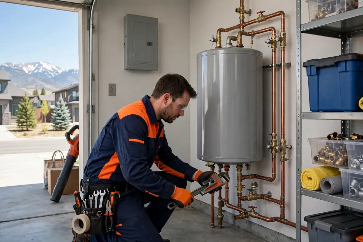 Water Heater Repair in Brighton, CO — technician servicing and repairing a tank water heater at a home in Brighton, Adams County