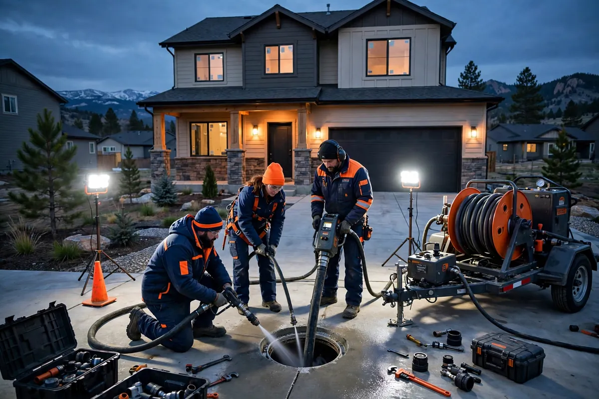 Emergency Drain Cleaning in Lochbuie, CO — crew clearing a backed-up drain with hydro-jetting equipment at a home in Lochbuie, Weld County