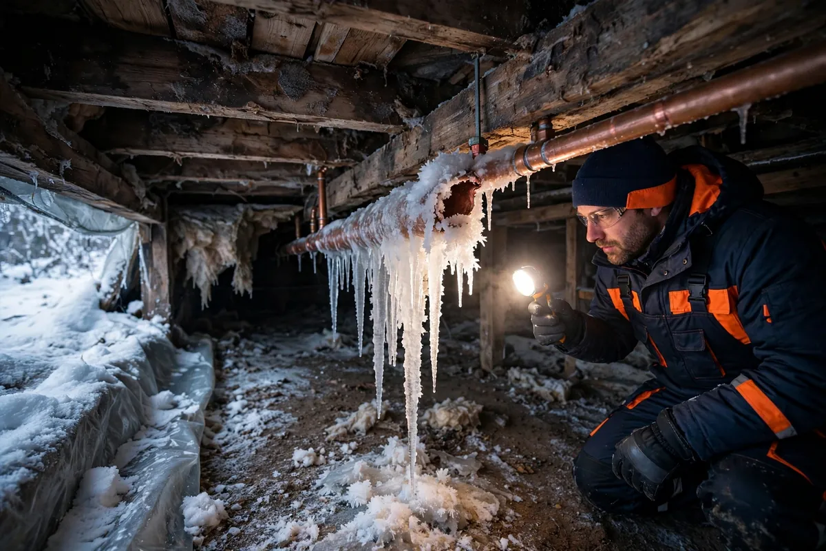 Frozen burst pipe repair in Brighton, CO — plumber fixing a split pipe in a snowy crawlspace