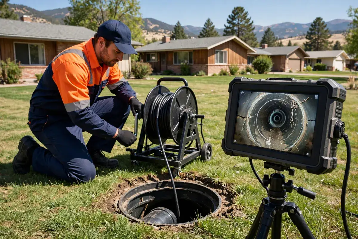 Sewer Line Repair in Brighton, CO — crew inspecting and repairing a sewer line with camera equipment